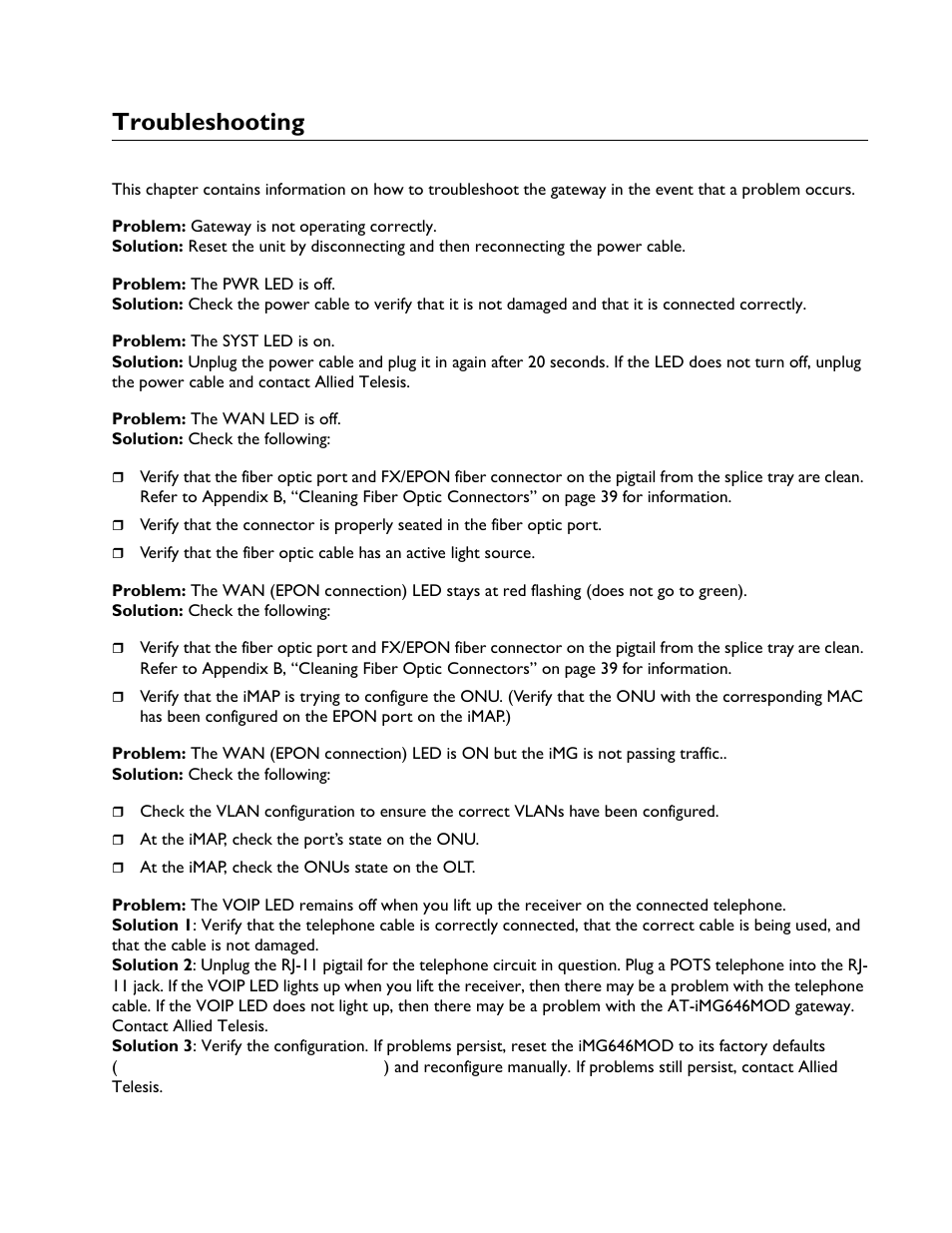 Troubleshooting | Allied Telesis AT-iMG6x6MOD Electronics Unit User Manual | Page 33 / 46