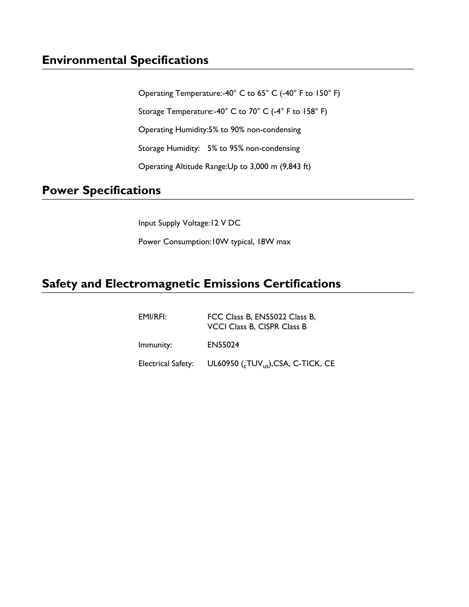 Environmental specifications, Power specifications | Allied Telesis AT-iMG6x6MOD Electronics Unit User Manual | Page 36 / 46