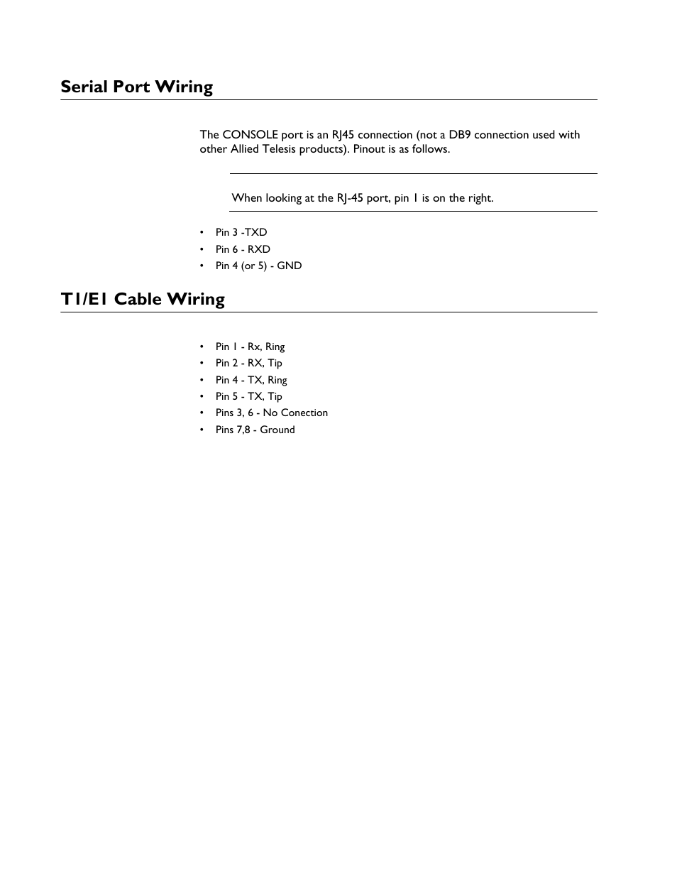 Serial port wiring, T1/e1 cable wiring | Allied Telesis AT-iMG6x6MOD Electronics Unit User Manual | Page 38 / 46