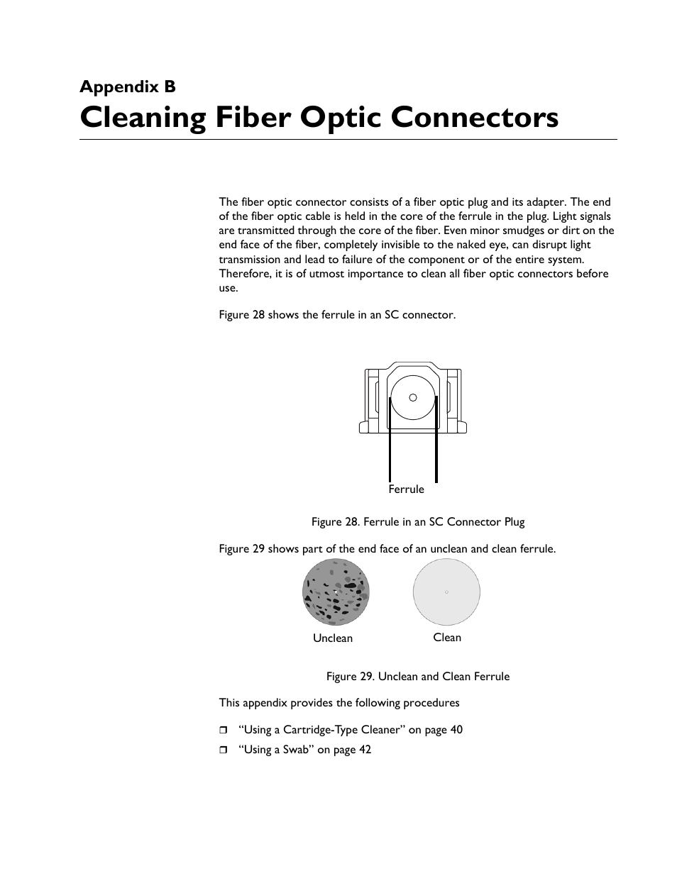 Cleaning fiber optic connectors, Appendix b | Allied Telesis AT-iMG6x6MOD Electronics Unit User Manual | Page 39 / 46