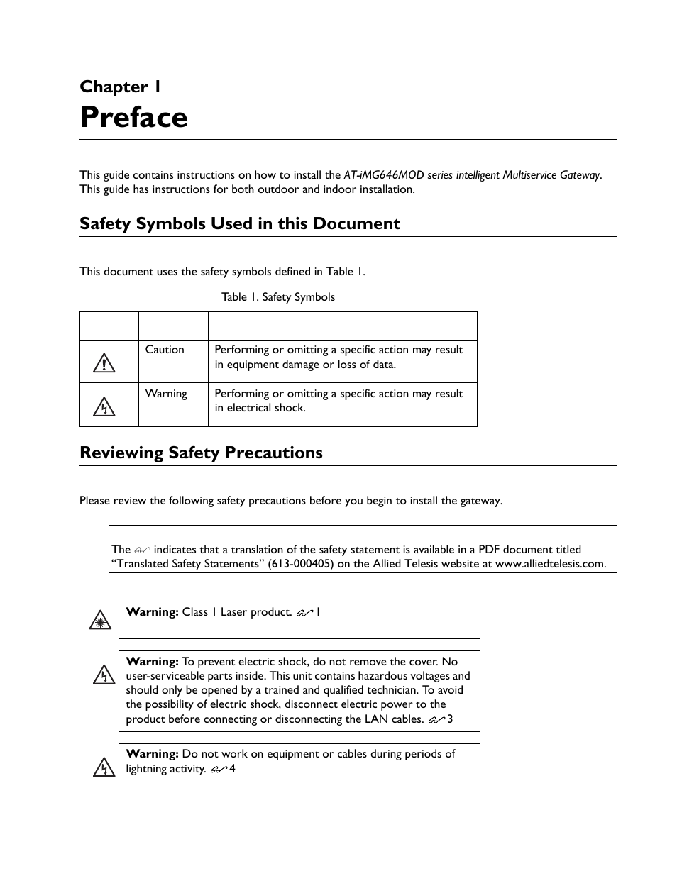 Chapter 1, Safety symbols used in this document, Reviewing safety precautions | Preface | Allied Telesis AT-iMG6x6MOD Electronics Unit User Manual | Page 5 / 46