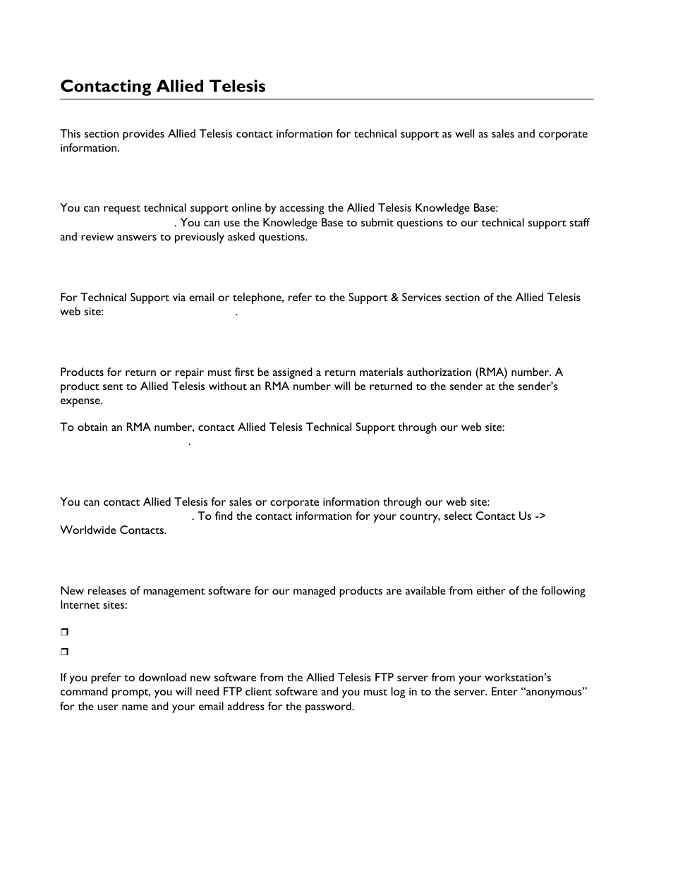 Contacting allied telesis, Online support, Email and telephone support | Returning products, Sales or corporate information, Management software updates | Allied Telesis AT-iMG6x6MOD Electronics Unit User Manual | Page 8 / 46