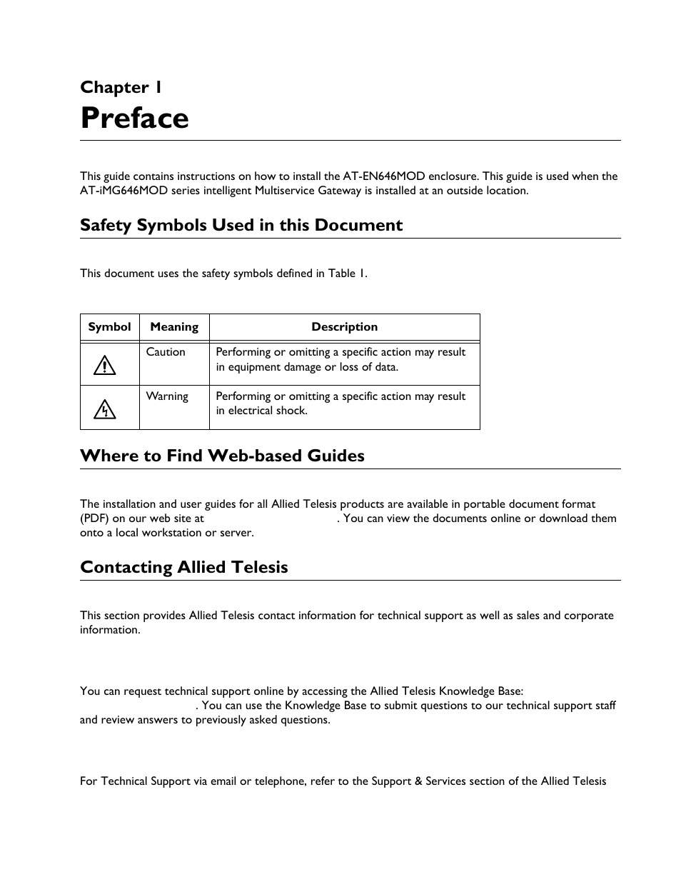 Chapter 1, Safety symbols used in this document, Where to find web-based guides | Contacting allied telesis, Preface | Allied Telesis AT-EN646MOD Enclosure User Manual | Page 5 / 32