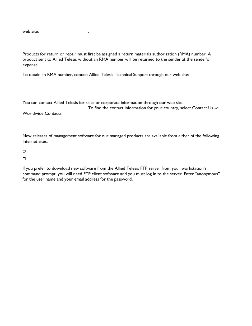 Returning products, Sales or corporate information, Management software updates | Allied Telesis AT-EN646MOD Enclosure User Manual | Page 6 / 32