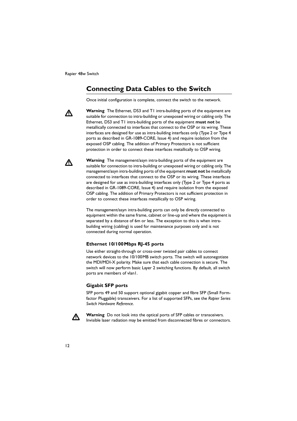 Connecting data cables to the switch | Allied Telesis Rapier 48w Switch User Manual | Page 12 / 24