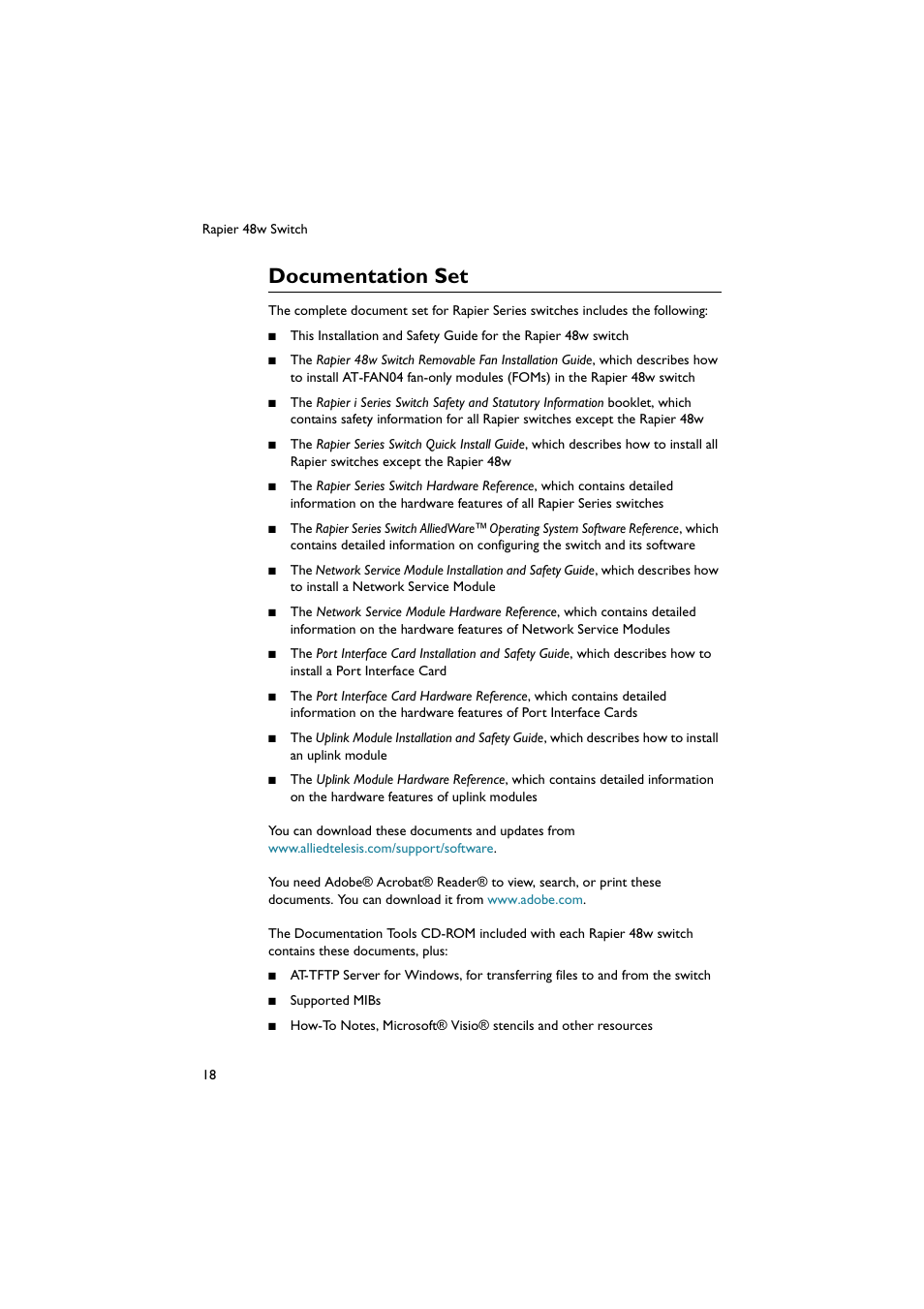 Documentation set | Allied Telesis Rapier 48w Switch User Manual | Page 18 / 24