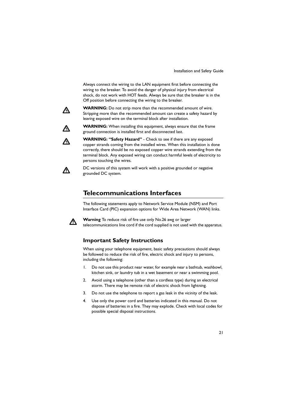 Telecommunications interfaces, Important safety instructions | Allied Telesis Rapier 48w Switch User Manual | Page 21 / 24