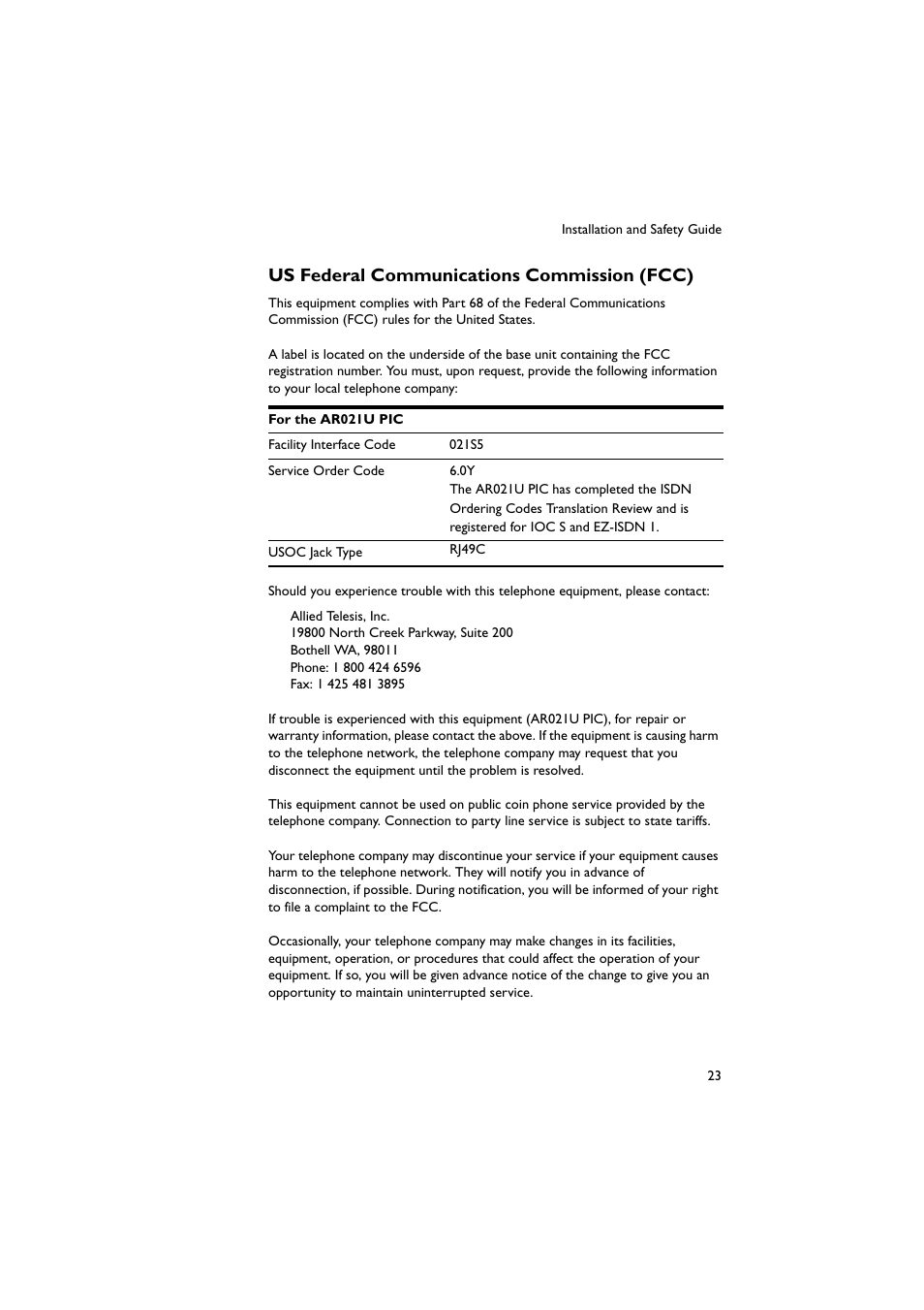 Us federal communications commission (fcc) | Allied Telesis Rapier 48w Switch User Manual | Page 23 / 24
