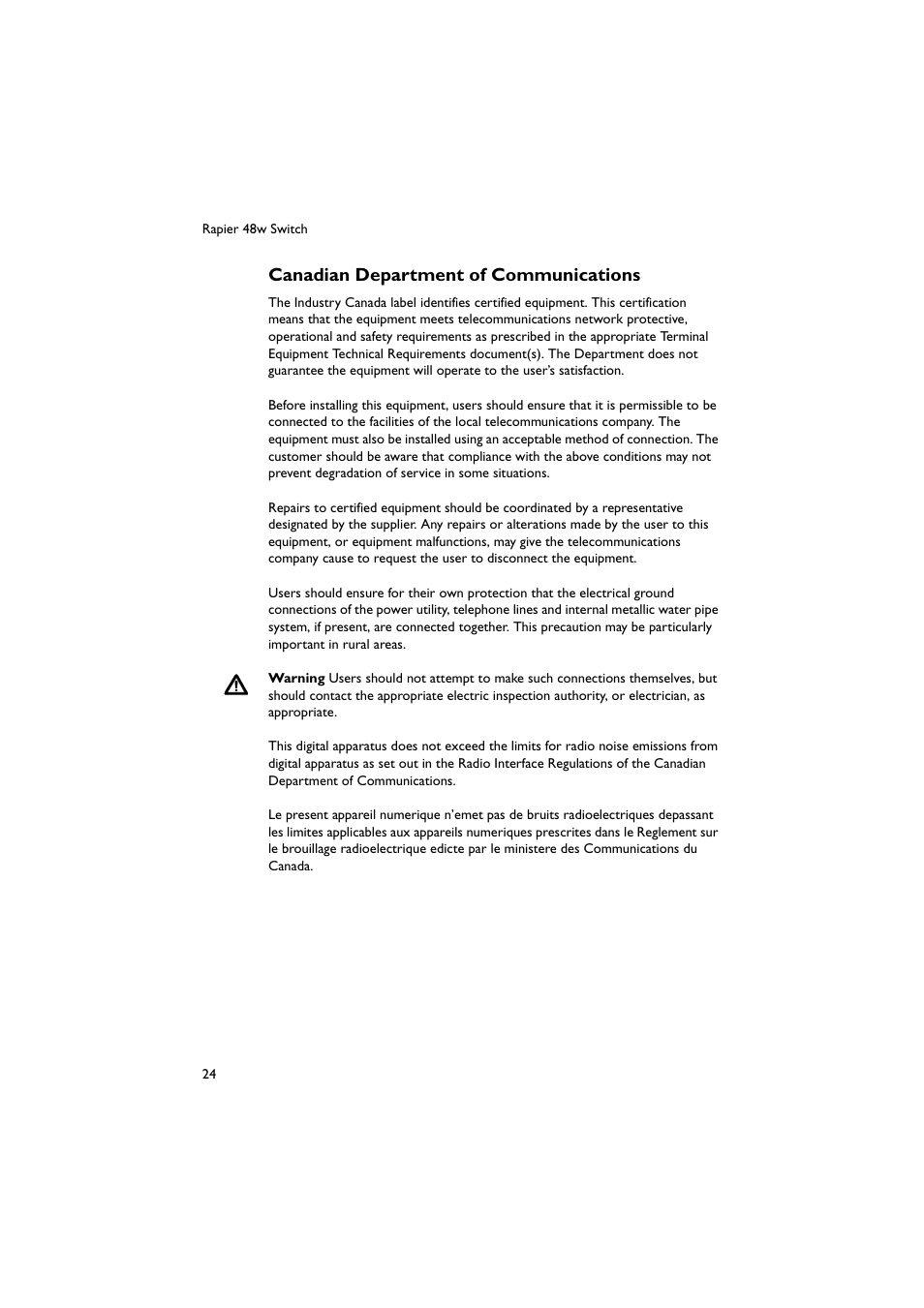 Canadian department of communications | Allied Telesis Rapier 48w Switch User Manual | Page 24 / 24