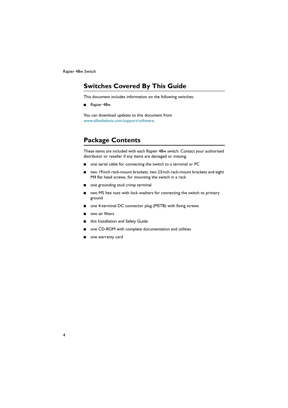 Switches covered by this guide, Package contents | Allied Telesis Rapier 48w Switch User Manual | Page 4 / 24