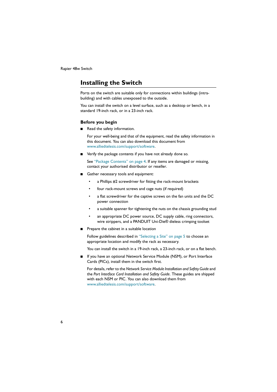 Installing the switch | Allied Telesis Rapier 48w Switch User Manual | Page 6 / 24