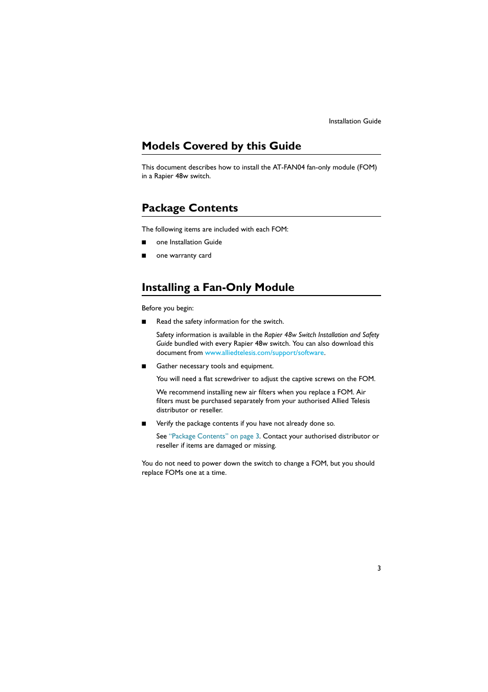 Models covered by this guide, Package contents, Installing a fan-only module | Allied Telesis Rapier 48w Switch User Manual | Page 3 / 7