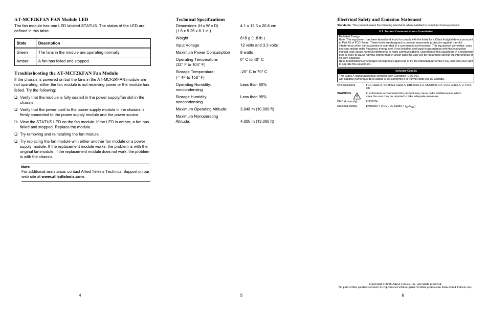 At-mcf2kfan fan module led, Troubleshooting the at-mcf2kfan fan module, Technical specifications | Electrical safety and emission statement | Allied Telesis AT-MCF2KFAN User Manual | Page 2 / 2