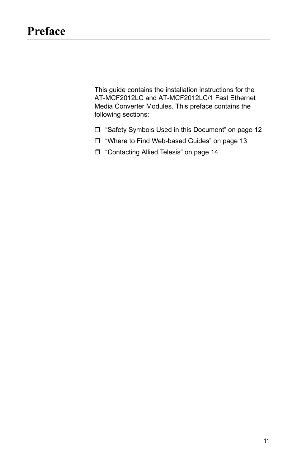 Preface | Allied Telesis AT-MCF2012LC/1 User Manual | Page 11 / 64