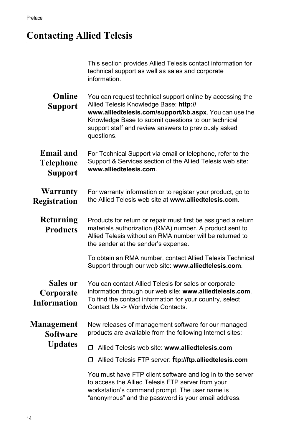 Contacting allied telesis, Online support, Email and telephone support | Warranty registration, Returning products, Sales or corporate information, Management software updates | Allied Telesis AT-MCF2012LC/1 User Manual | Page 14 / 64