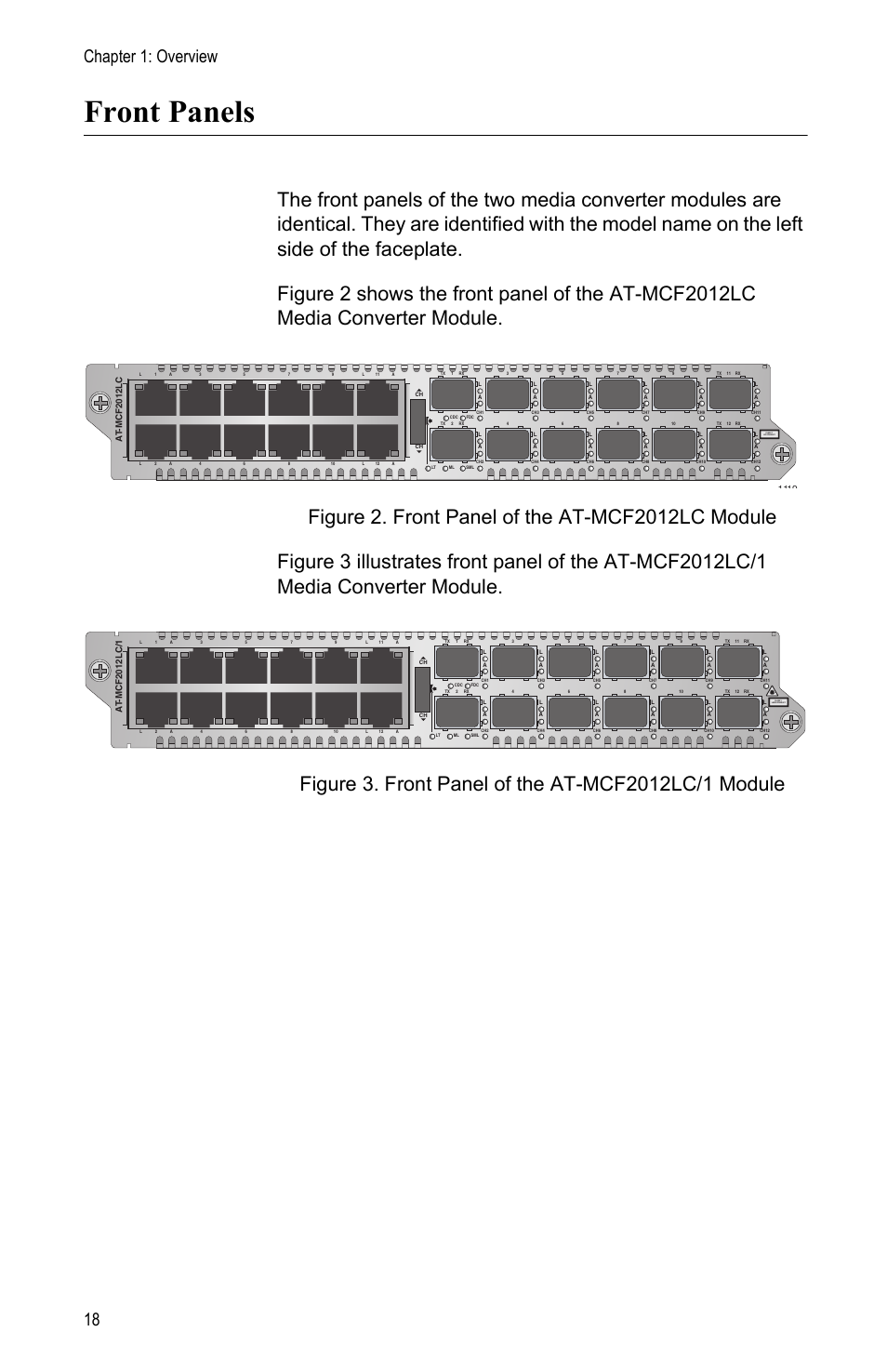Front panels, Chapter 1: overview 18, At -mcf2012lc | Allied Telesis AT-MCF2012LC/1 User Manual | Page 18 / 64