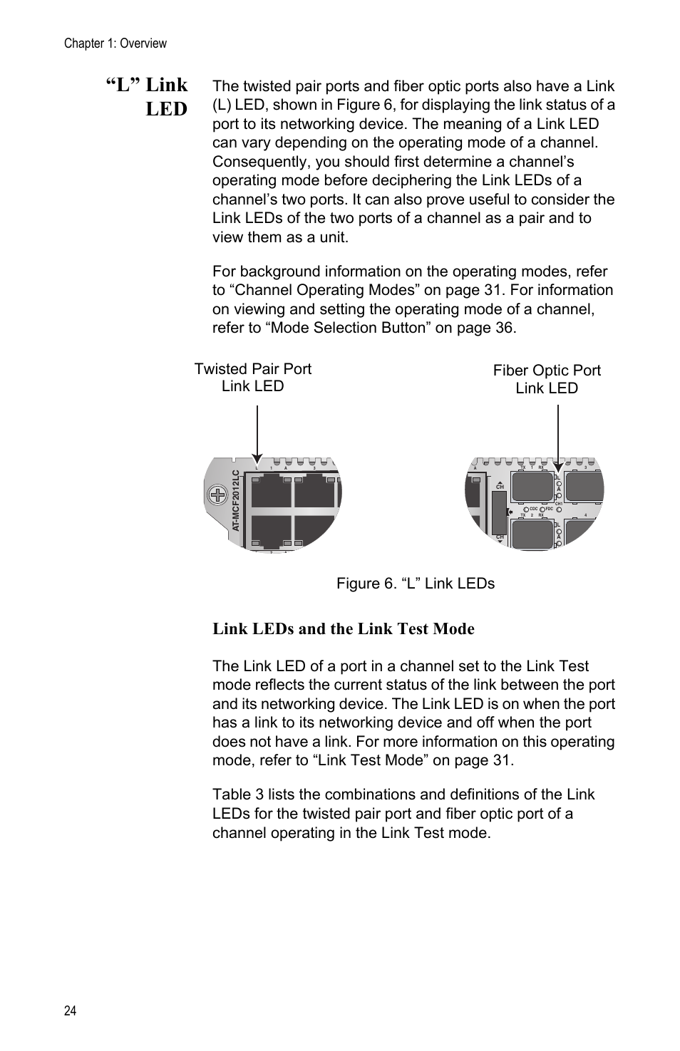 L” link led, Figure 6: “l” link leds, Link leds and the link test mode | Chapter 1: overview 24 | Allied Telesis AT-MCF2012LC/1 User Manual | Page 24 / 64