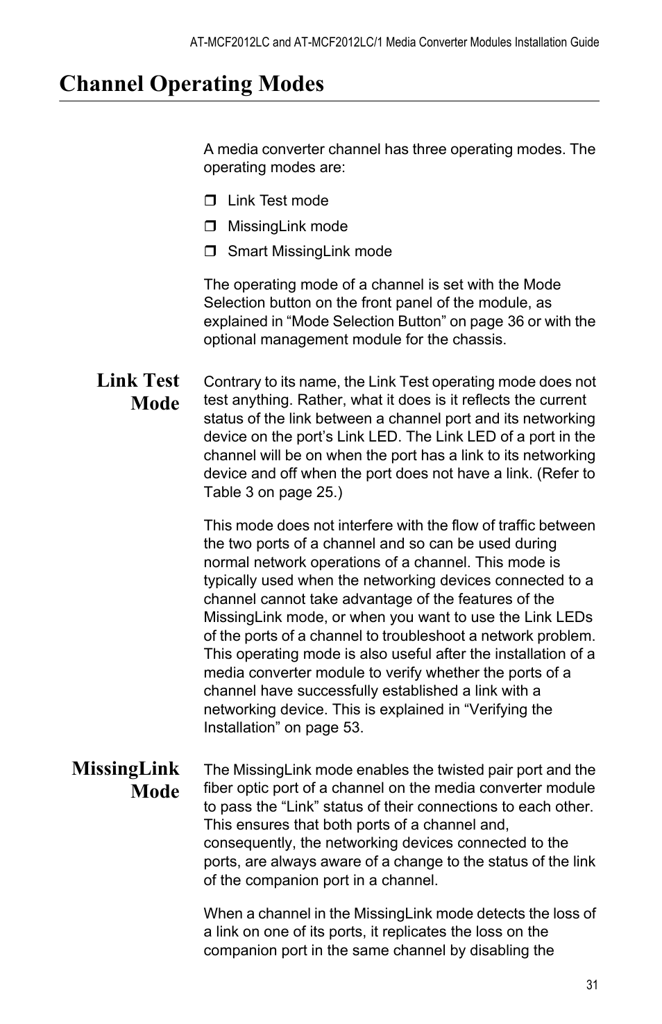 Channel operating modes, Link test mode, Missinglink mode | Link test mode missinglink mode | Allied Telesis AT-MCF2012LC/1 User Manual | Page 31 / 64
