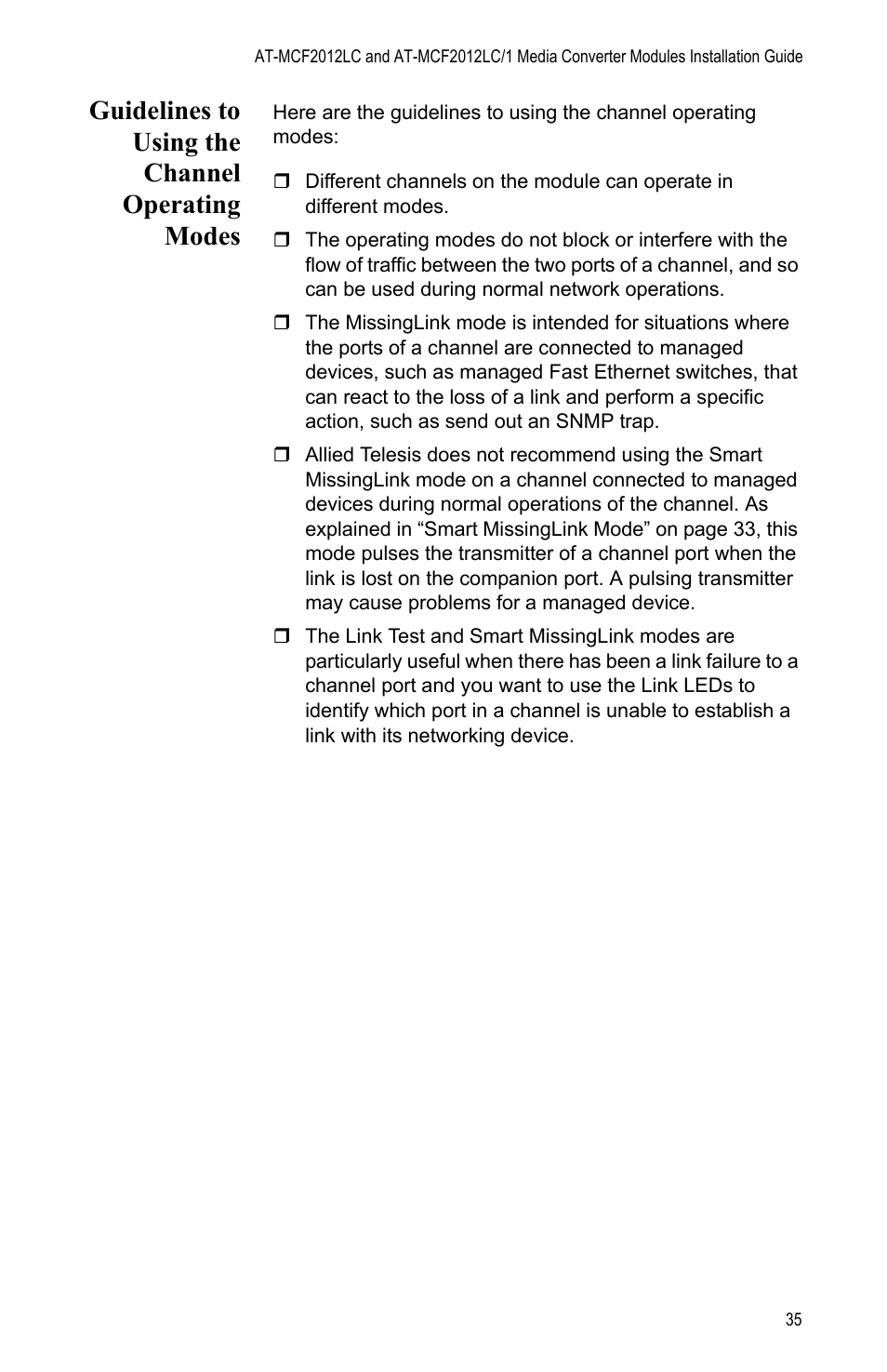 Guidelines to using the channel operating modes | Allied Telesis AT-MCF2012LC/1 User Manual | Page 35 / 64
