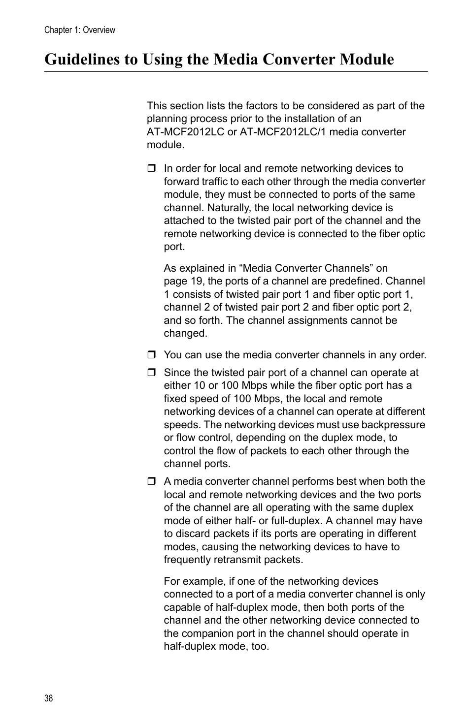 Guidelines to using the media converter module | Allied Telesis AT-MCF2012LC/1 User Manual | Page 38 / 64