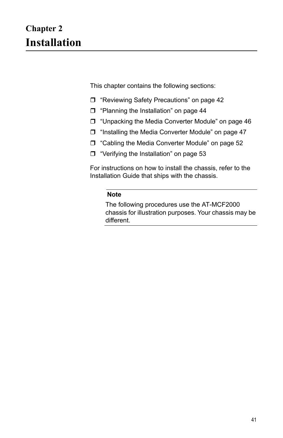 Chapter 2, Installation, Ter 2: installation | Allied Telesis AT-MCF2012LC/1 User Manual | Page 41 / 64