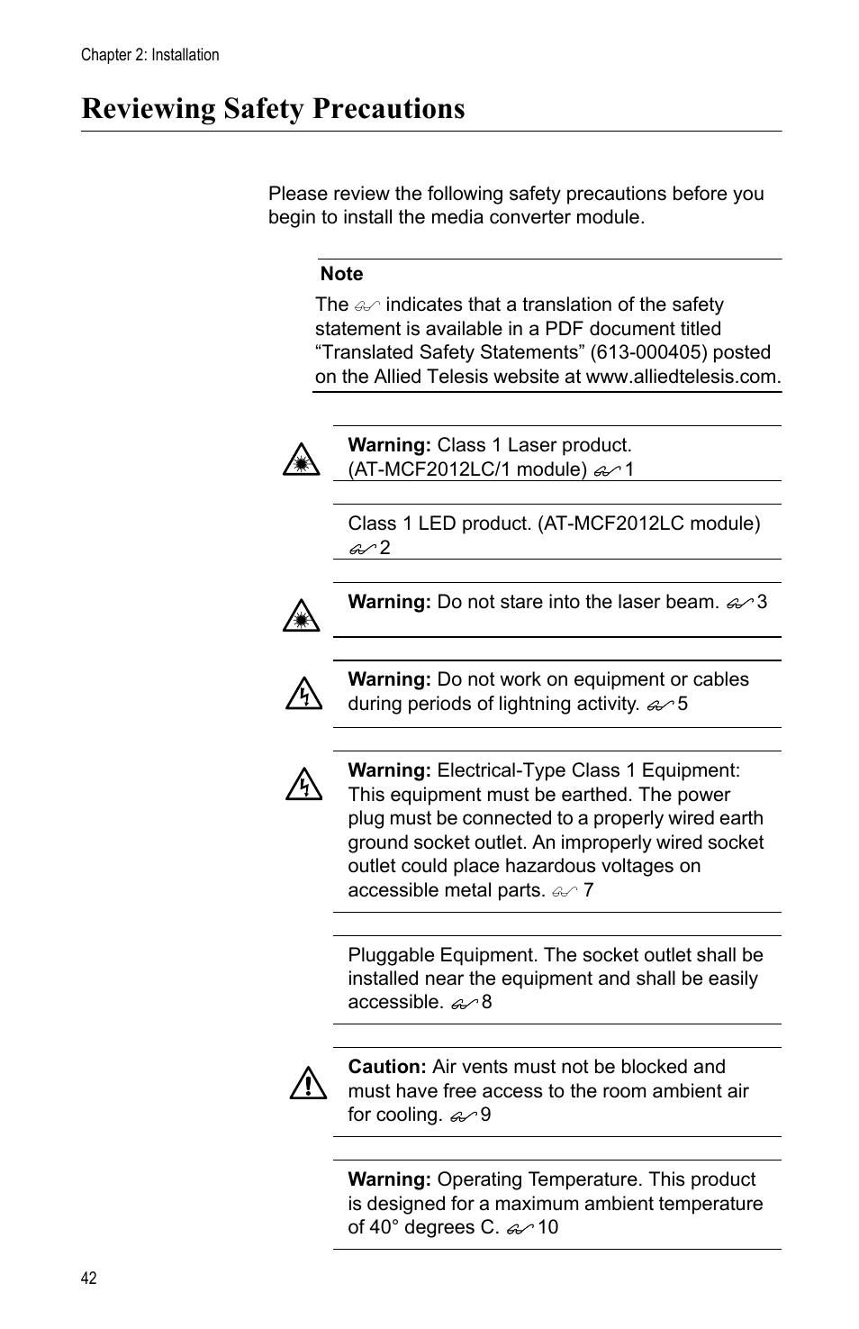 Reviewing safety precautions | Allied Telesis AT-MCF2012LC/1 User Manual | Page 42 / 64