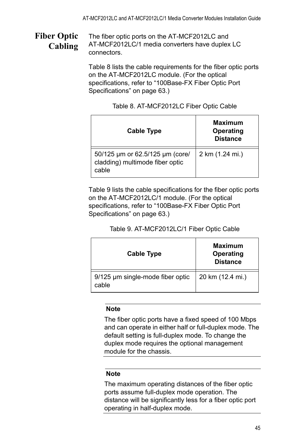Fiber optic cabling | Allied Telesis AT-MCF2012LC/1 User Manual | Page 45 / 64
