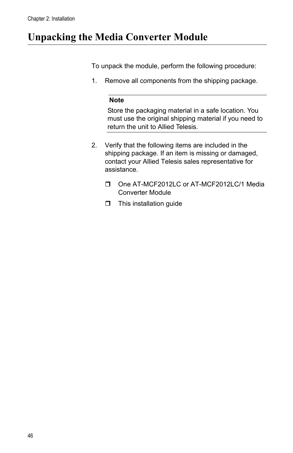 Unpacking the media converter module | Allied Telesis AT-MCF2012LC/1 User Manual | Page 46 / 64