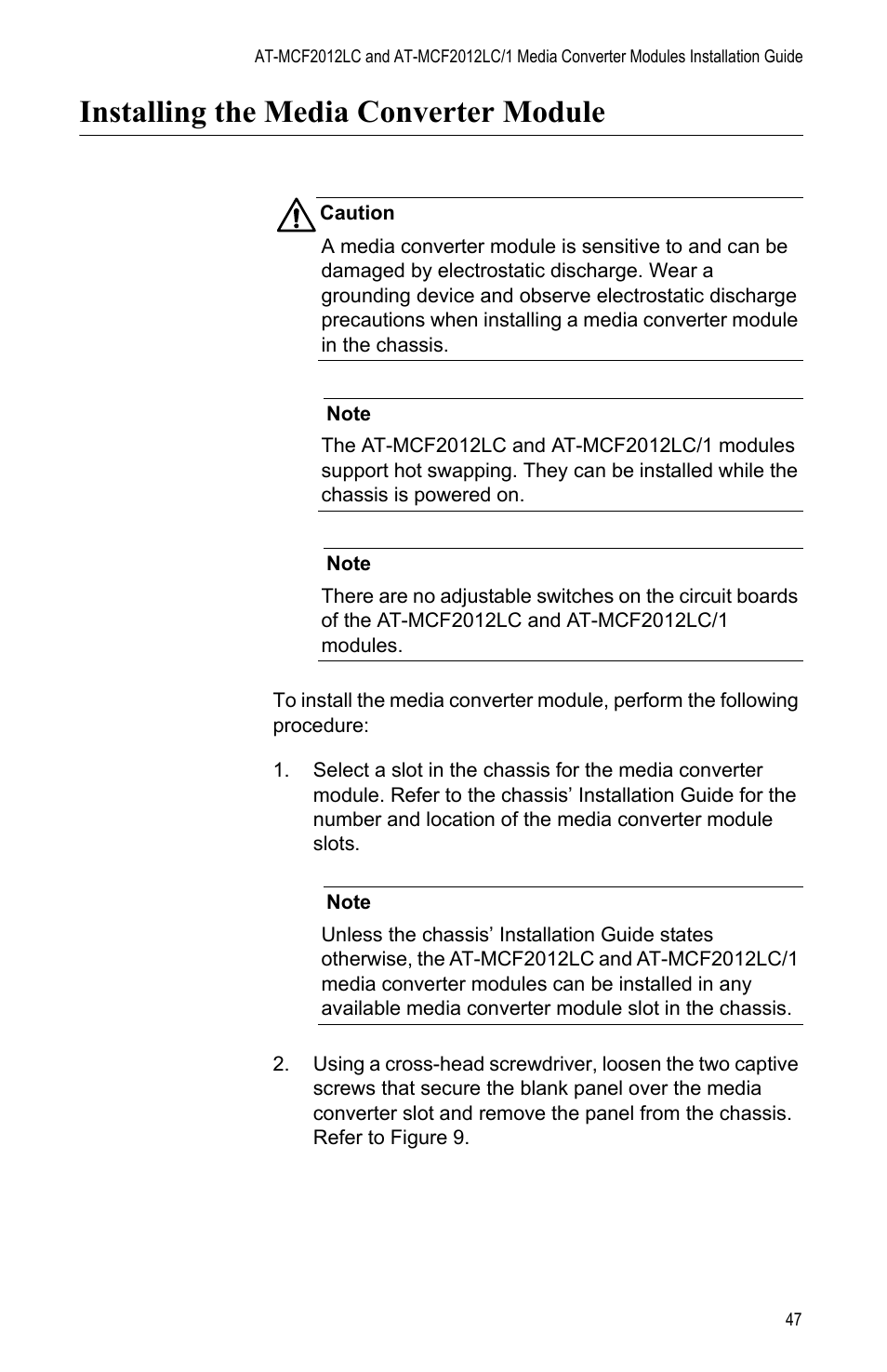 Installing the media converter module | Allied Telesis AT-MCF2012LC/1 User Manual | Page 47 / 64