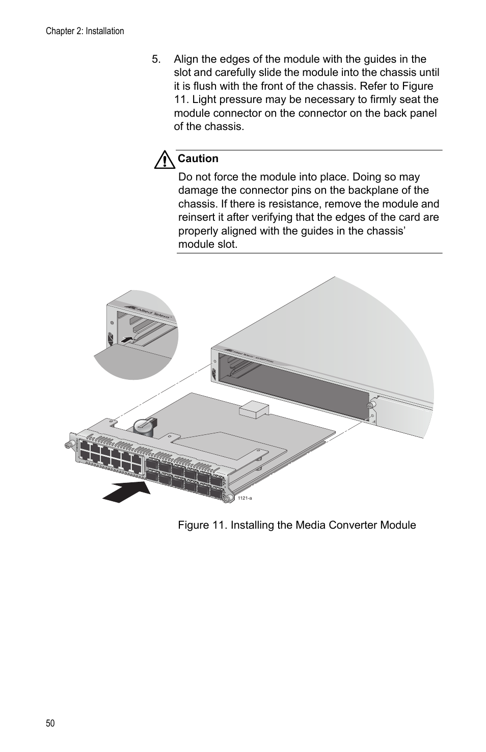 Figure 11: installing the media converter module, Chapter 2: installation 50 | Allied Telesis AT-MCF2012LC/1 User Manual | Page 50 / 64