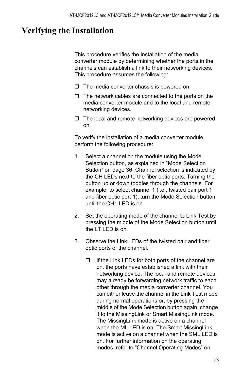Verifying the installation | Allied Telesis AT-MCF2012LC/1 User Manual | Page 53 / 64