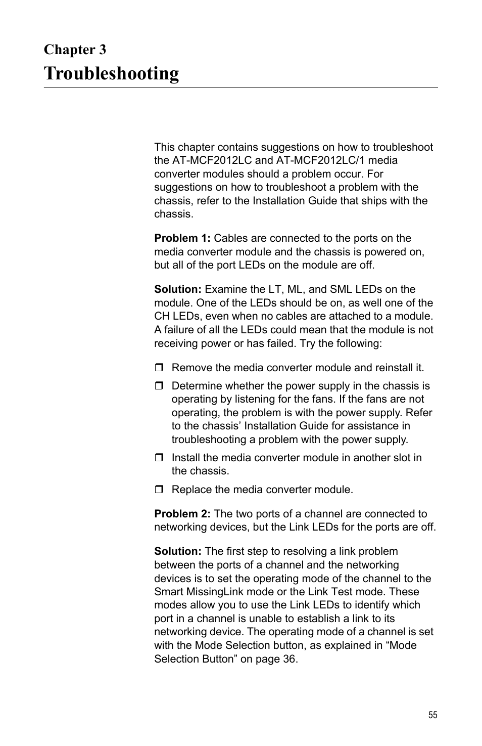 Chapter 3, Troubleshooting, R 3: troubleshooting | Allied Telesis AT-MCF2012LC/1 User Manual | Page 55 / 64
