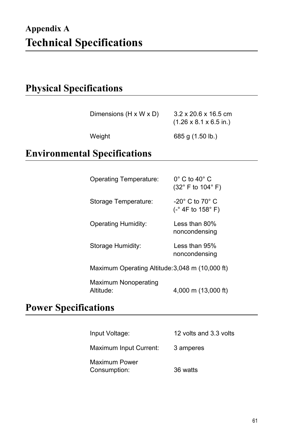 Appendix a, Technical specifications, Physical specifications | Environmental specifications, Power specifications, Appendix a: technical specifications | Allied Telesis AT-MCF2012LC/1 User Manual | Page 61 / 64