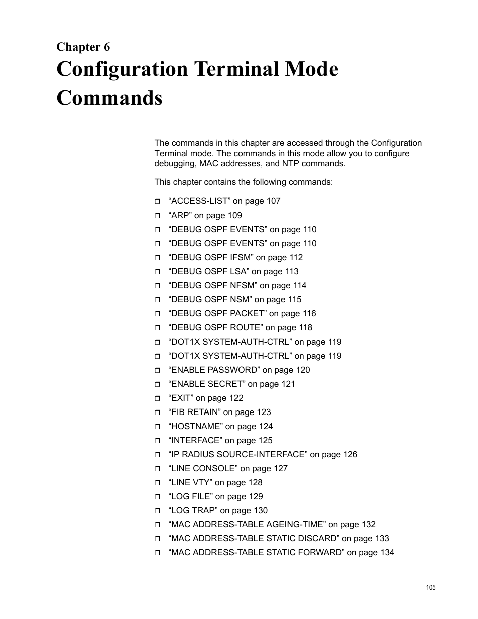 Chapter 6, Configuration terminal mode commands | Allied Telesis AT-S83 User Manual | Page 105 / 382