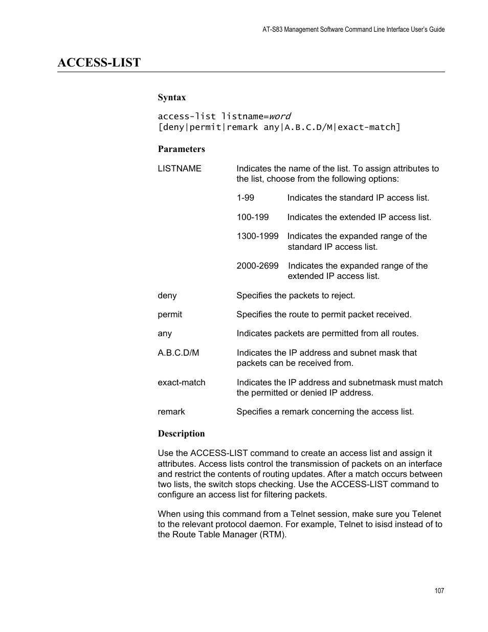 Access-list | Allied Telesis AT-S83 User Manual | Page 107 / 382