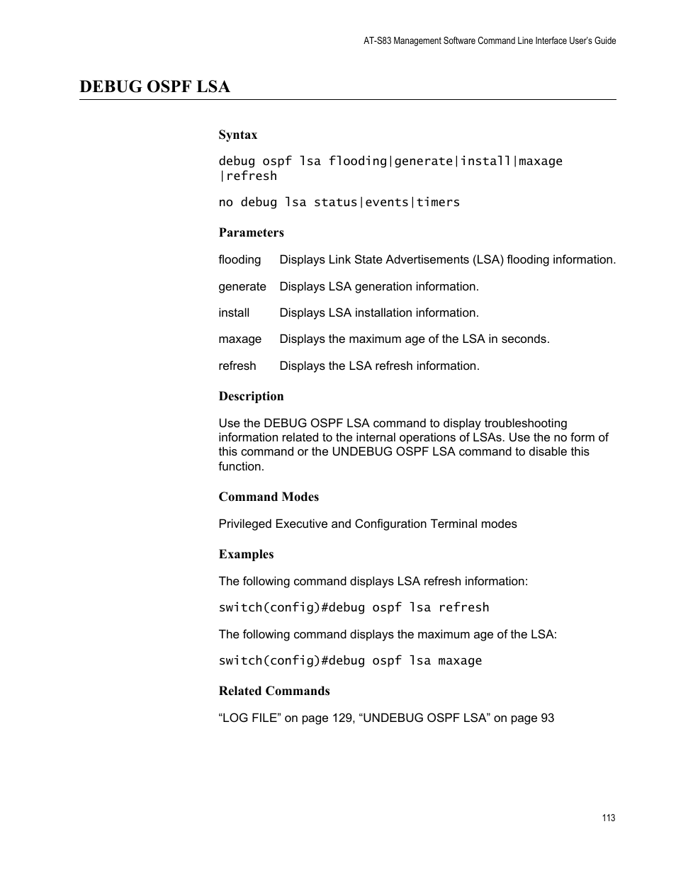Debug ospf lsa | Allied Telesis AT-S83 User Manual | Page 113 / 382