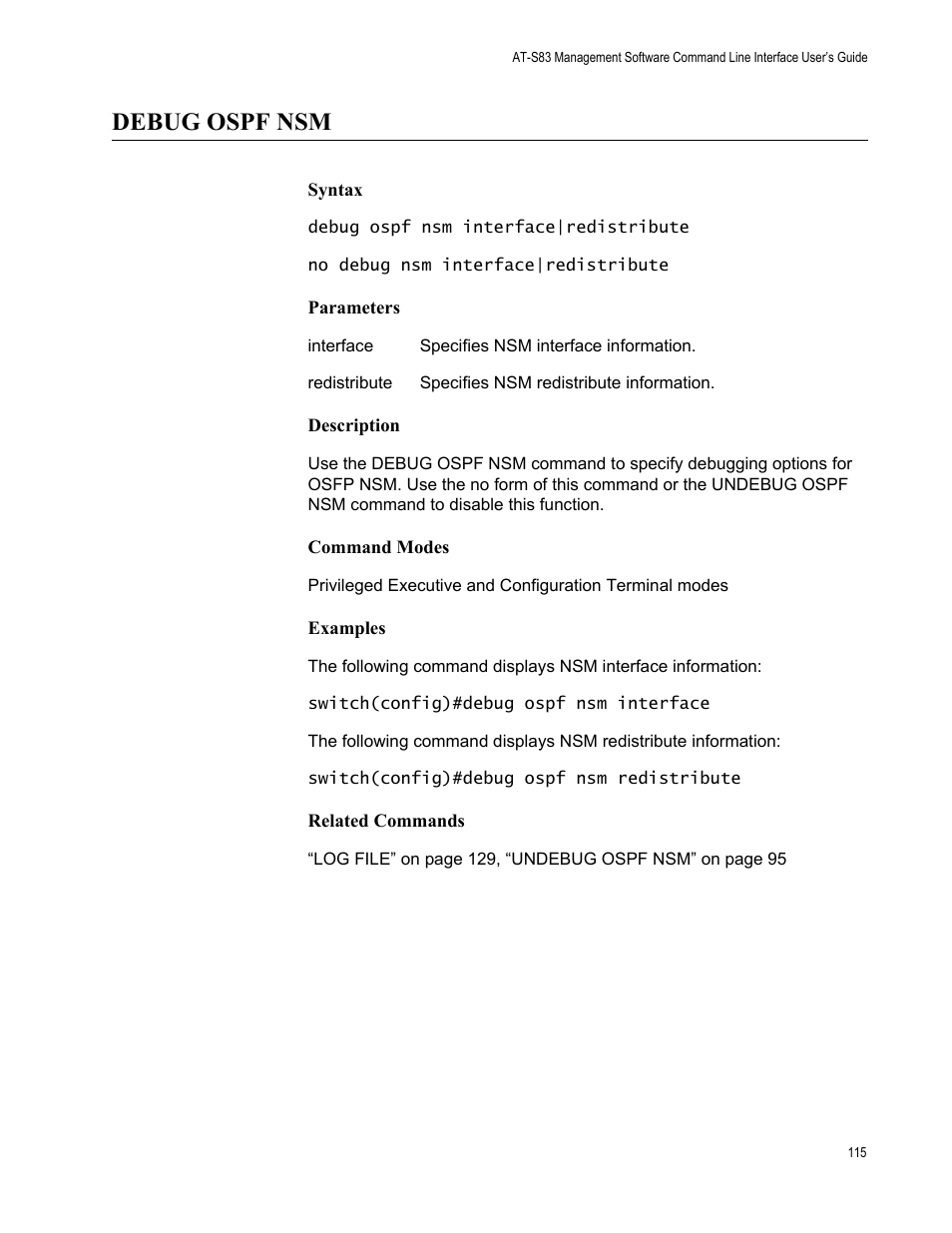 Debug ospf nsm | Allied Telesis AT-S83 User Manual | Page 115 / 382