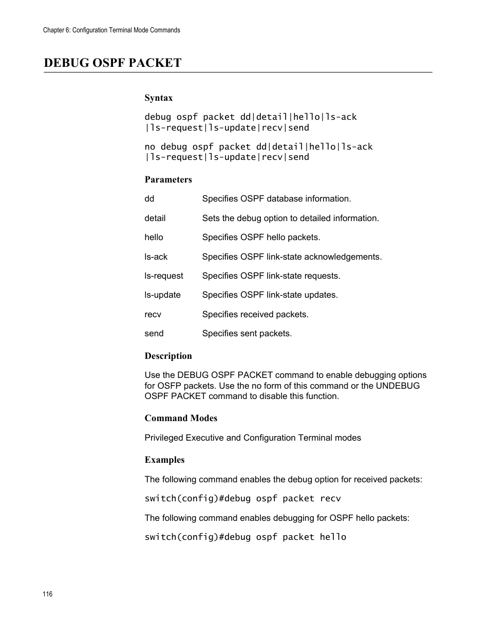 Debug ospf packet | Allied Telesis AT-S83 User Manual | Page 116 / 382