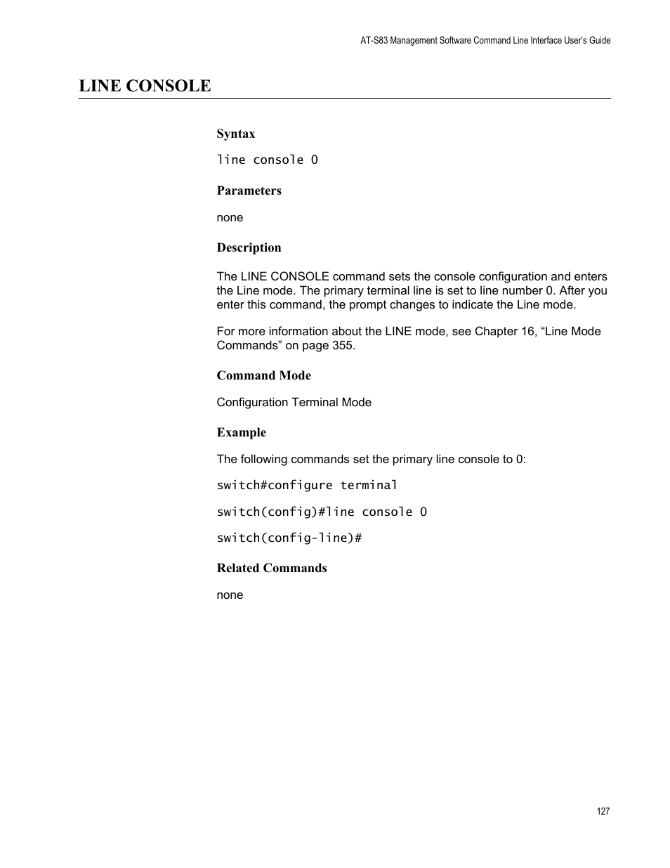 Line console | Allied Telesis AT-S83 User Manual | Page 127 / 382