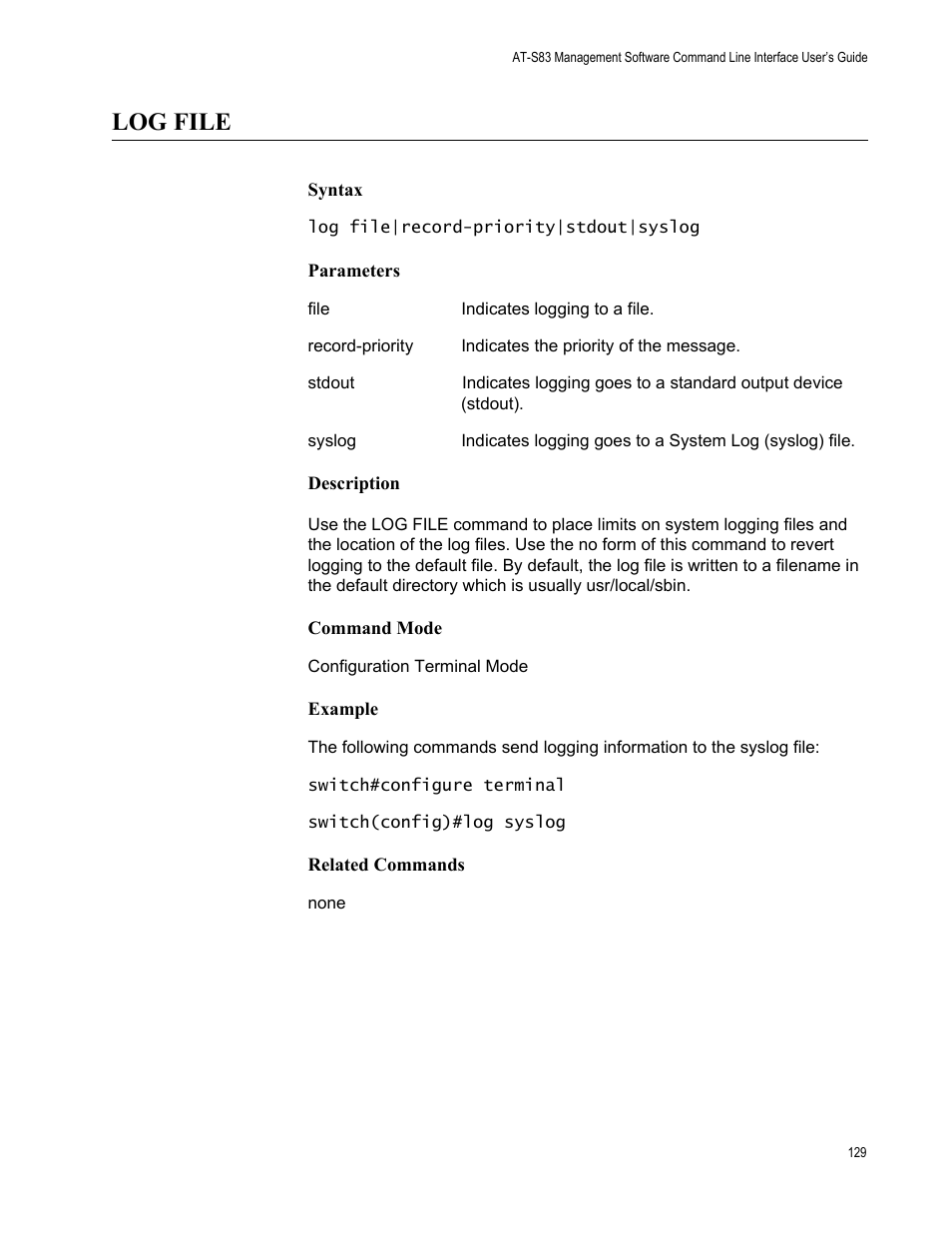 Log file | Allied Telesis AT-S83 User Manual | Page 129 / 382