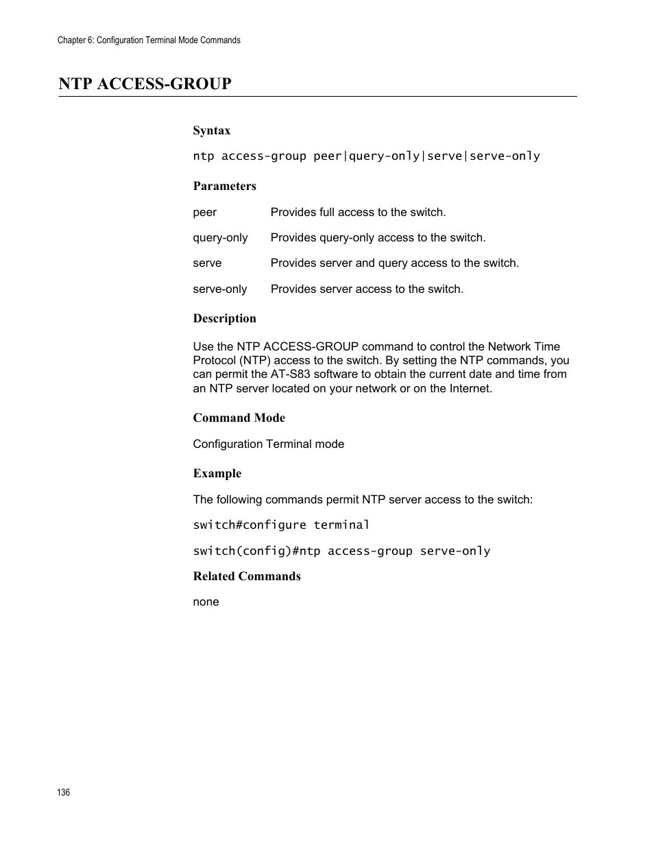 Ntp access-group | Allied Telesis AT-S83 User Manual | Page 136 / 382