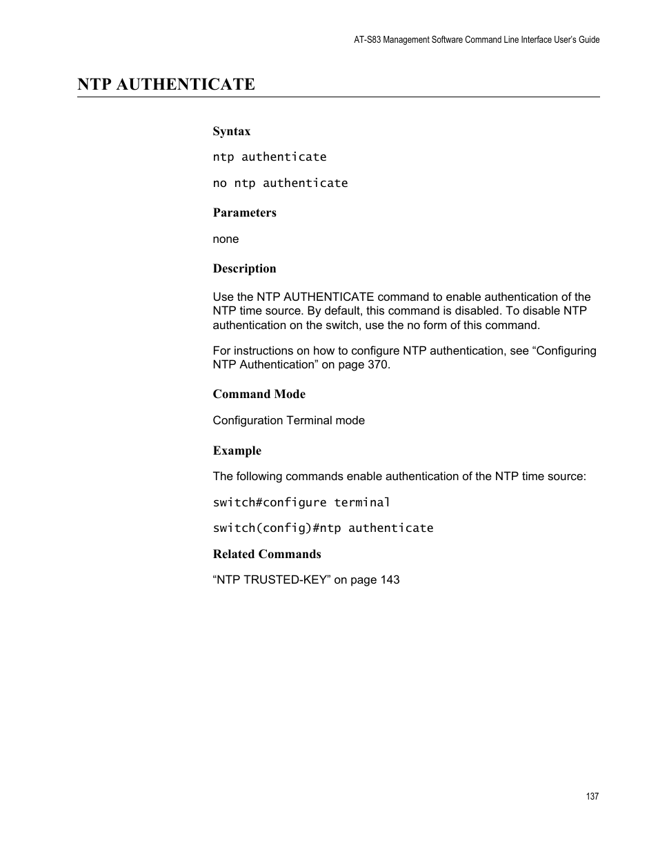 Ntp authenticate | Allied Telesis AT-S83 User Manual | Page 137 / 382