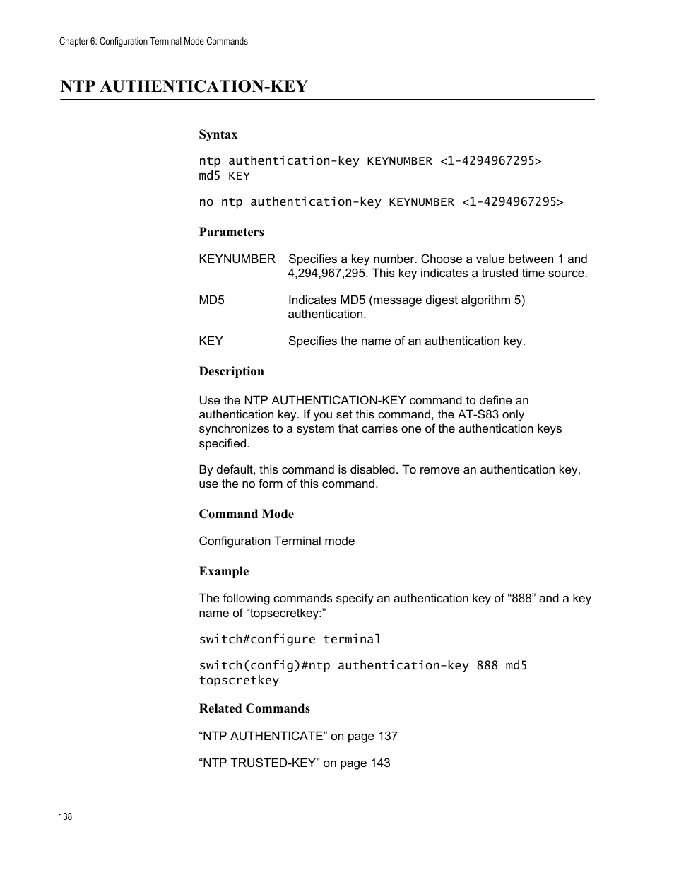 Ntp authentication-key | Allied Telesis AT-S83 User Manual | Page 138 / 382