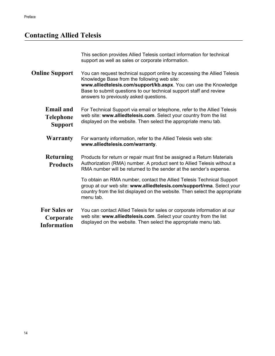 Contacting allied telesis, Online support, Email and telephone support | Warranty, Returning products, For sales or corporate information | Allied Telesis AT-S83 User Manual | Page 14 / 382