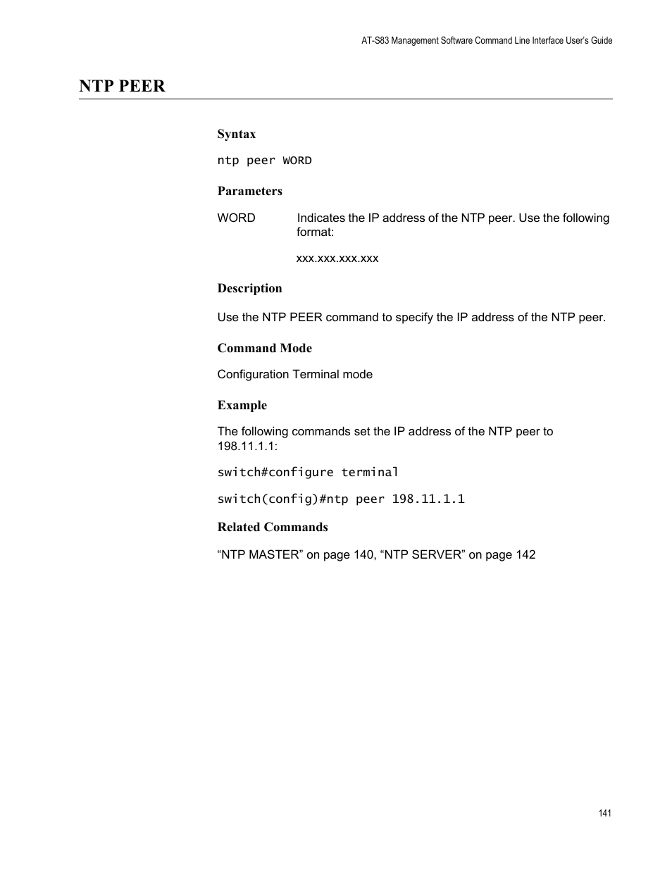 Ntp peer | Allied Telesis AT-S83 User Manual | Page 141 / 382