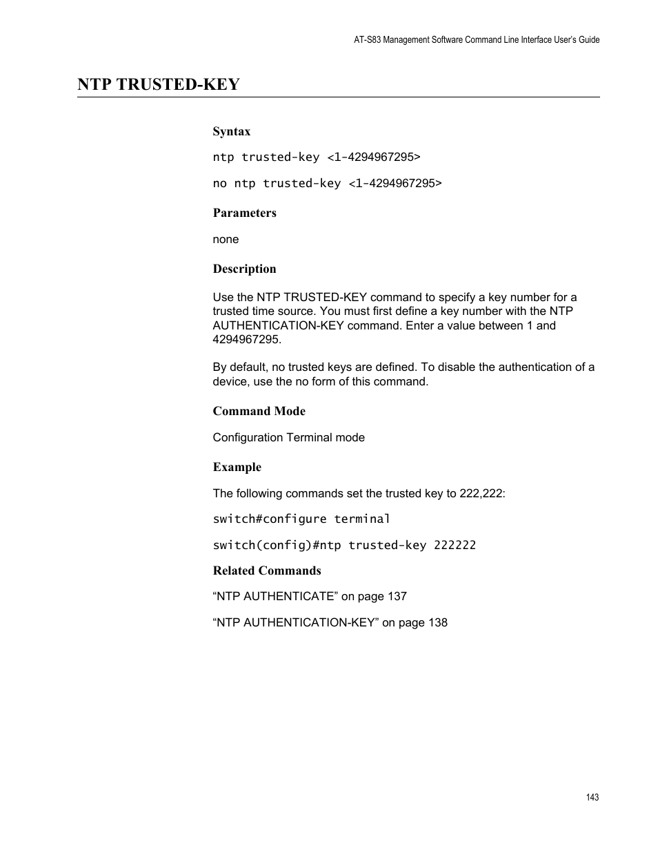 Ntp trusted-key | Allied Telesis AT-S83 User Manual | Page 143 / 382