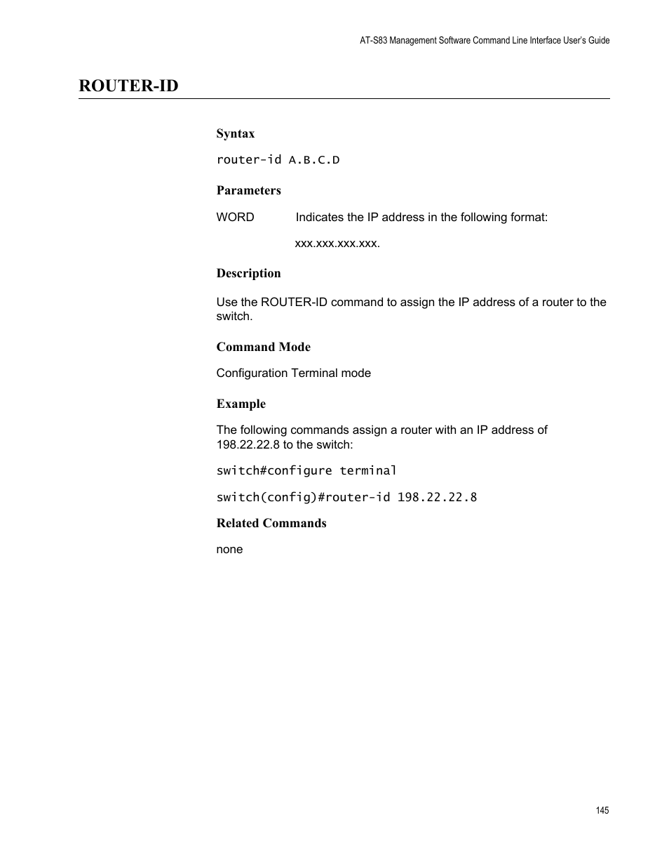 Router-id | Allied Telesis AT-S83 User Manual | Page 145 / 382