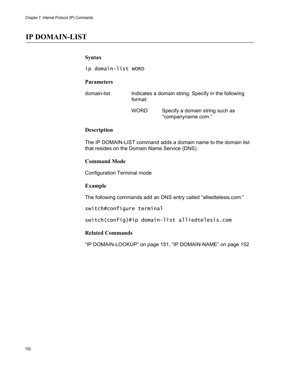 Ip domain-list | Allied Telesis AT-S83 User Manual | Page 150 / 382