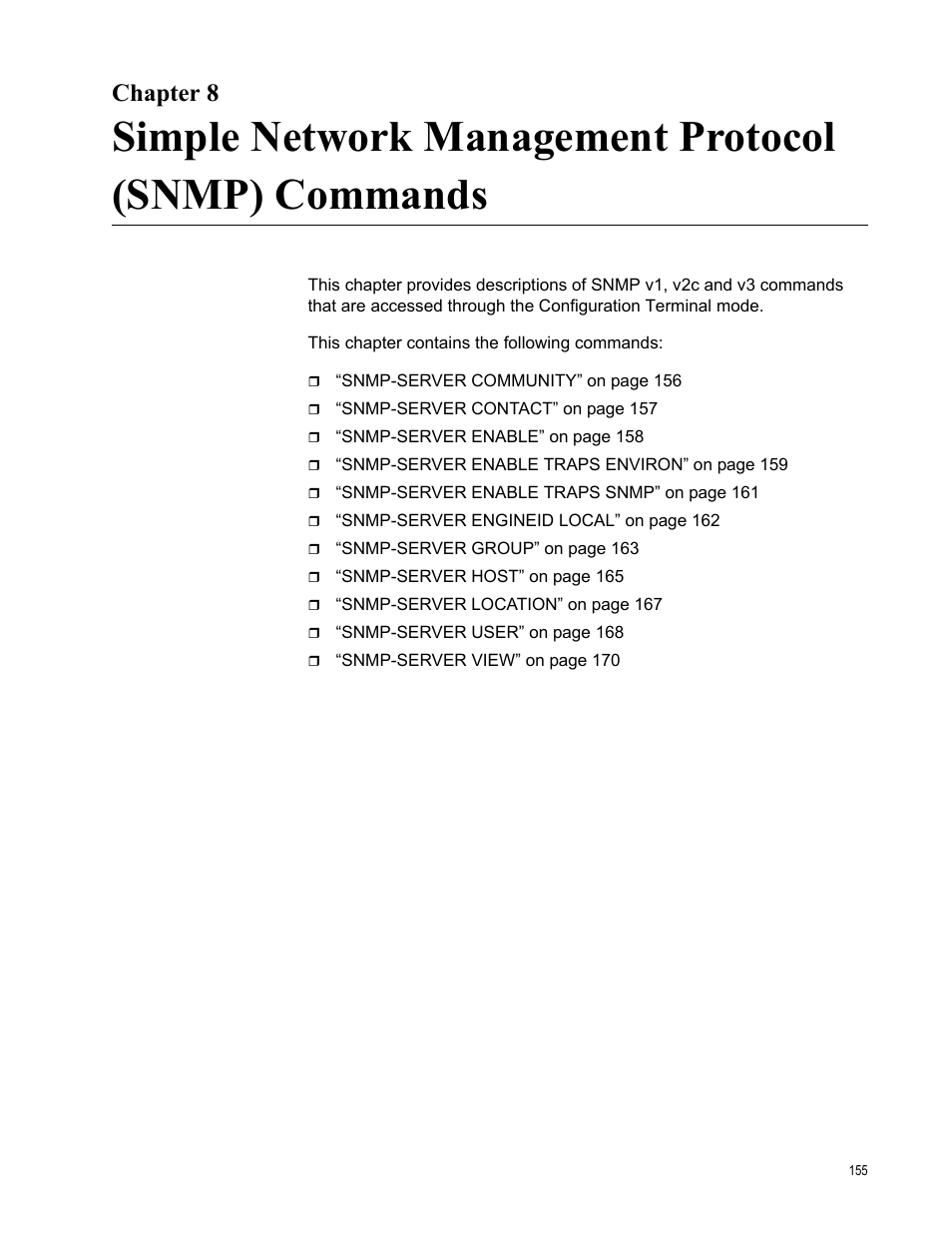 Chapter 8, Simple network management protocol (snmp) commands | Allied Telesis AT-S83 User Manual | Page 155 / 382