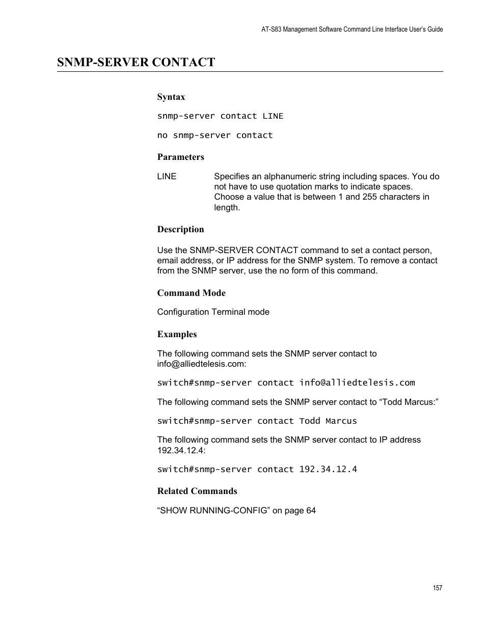 Snmp-server contact | Allied Telesis AT-S83 User Manual | Page 157 / 382